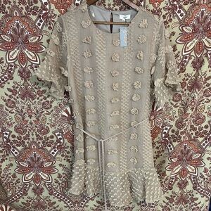 NWT ENTRO L Mocha Promenade Mini Dress with Pom Poms and ruffles